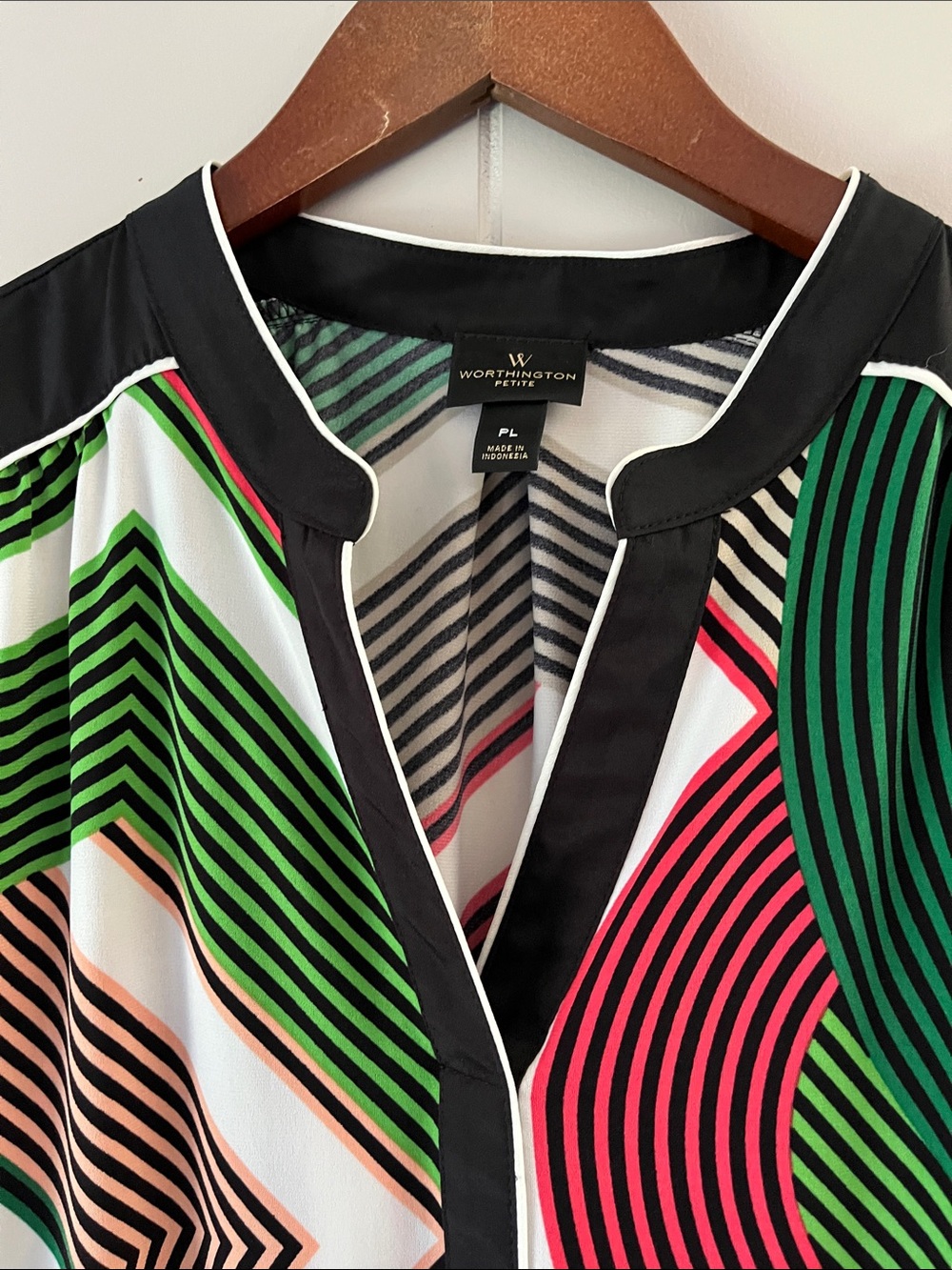 Worthington Multicolor Geometric Cap-Sleeve Blouse - Green, Red, Black, White - Picture 3 of 12